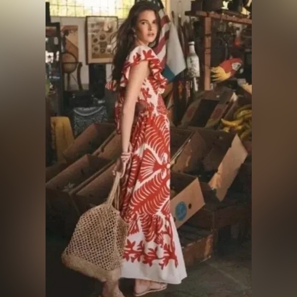 Sea New York Dresses & Skirts - SEA NEW YORK Ruby Red Henrietta Hawaiian Print Smocked Linen Maxi Dress,